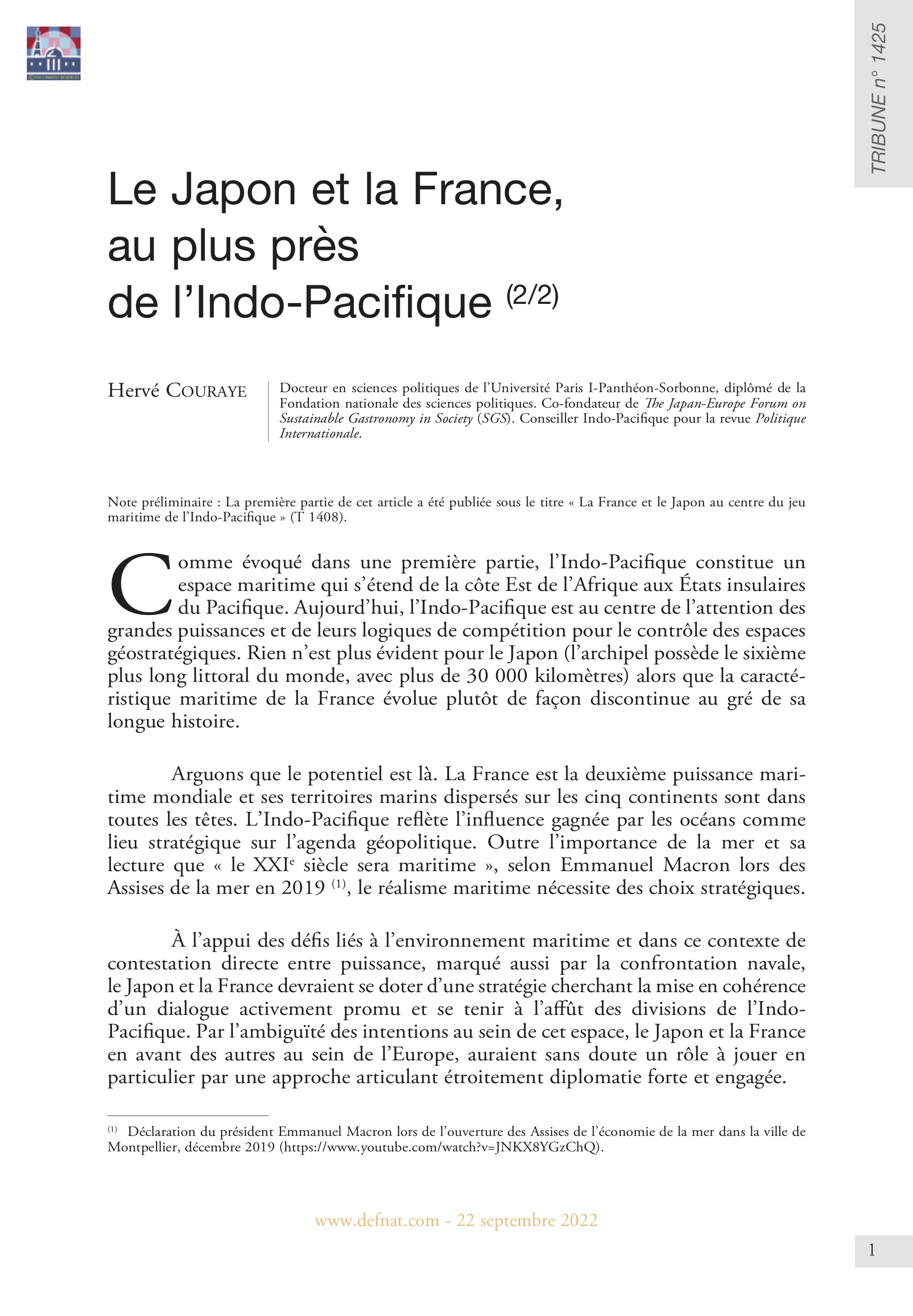 Le Japon et la France, au plus près de l’Indo-Pacifique (2/2) (T 1425)
